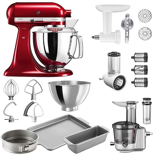 KitchenAid Artisan Küchenmaschine, 4,8 Liter, inkl. Zubehör, Fleischwolf, Gemüseschneider, Entsafter-Vorsatz, Backset 2 Backformen 1 Backblech Mega-Winter-Set