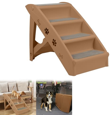 Suusolny Braun Klappbare Hundetreppe 4 Stufen Haustiertreppe mit Rutschfester Matte Hunderampe Katzentreppe 50cm hohe Haustiertreppe Bis 75kg für Hunde und Katzen