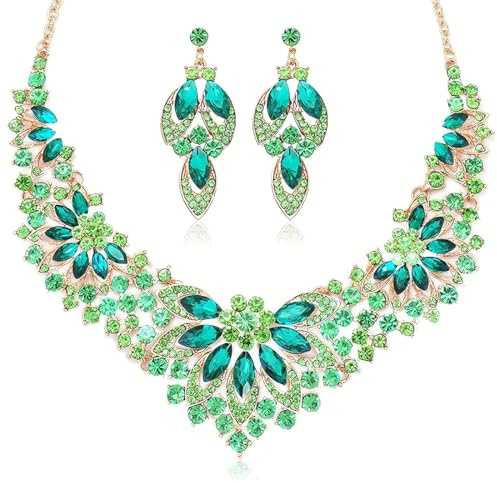 Joyería, 2 Piezas Juego de Joyas, Conjunto de joyas Mujer, Diamantes Imitación Collar Colgante Pendientes, Cristal Vintage Pendientes Colgantes, para bodas, novias, damas de honor, regalos, verde