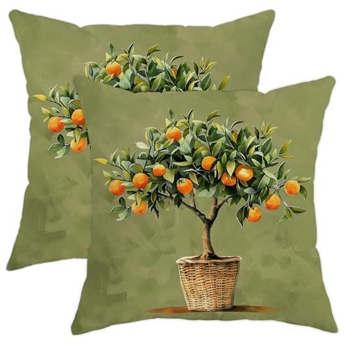 Orange Tree Pillow Covers Set of 2, Olive Green Citrus Plant Throw Pillow Case, Spring Decorative Square Farmhouse Decor Cushion Covers for Home Sofa Bed Couch 20x20 Inch