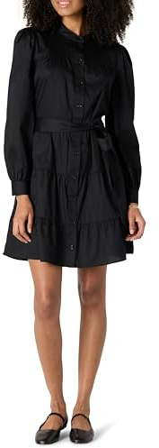 Amazon Essentials Robe Chemise à Volants en Satin de Coton, Coupe Classique Femme, Noir, L