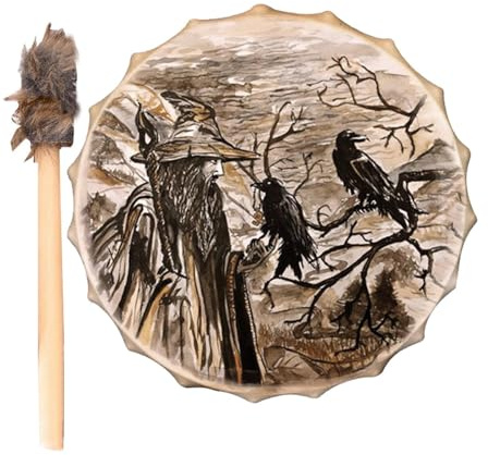 Shamanisk trumma, gammal man och korp mönstrad shaman trumma