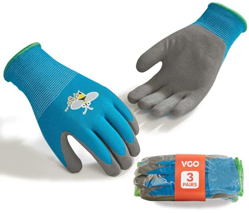 Vgo... 3 Paia Bambini Giardinaggio Guanti Età 3-9| Naturale Lattice Grip|Traspirante Cantiere&Sicurezza Guanti Fai Da Te, Lavabile In Macchina Per Gioco All'Aperto (3 Paia,taglia XXS,Blu,RB6013-KID)