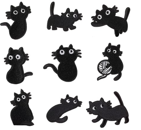 Patches zum Aufbügeln, 9 Stück Schwarze Katze Bügel Patches,Flicken zum Aufbügeln Kinder, Aufnäher Patche Erwachsene, Bügelaufkleber Kleidung, Bügelbilder für Textilien, Jeans T-Shirt Bügelflicken