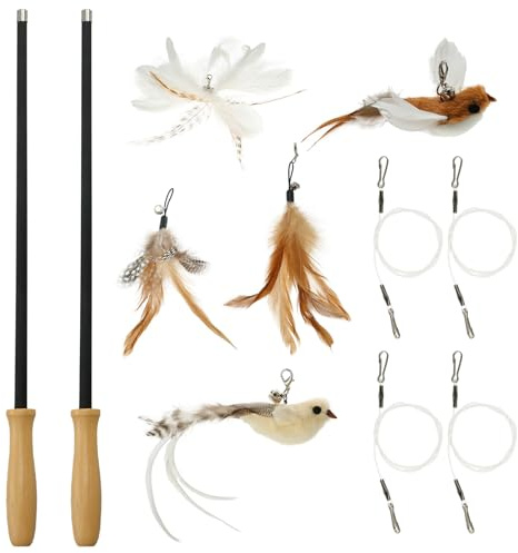 Fyeme 2 Stück Katzenangel Lang mit 3 Positionen Teleskopstange 107cm Katzenspielzeug Angel mit 2 Vogel 3 Federn Holzgriff Katzenspielzeug Vogel Geeignet für Große Mittelgroße Kleine Katzen