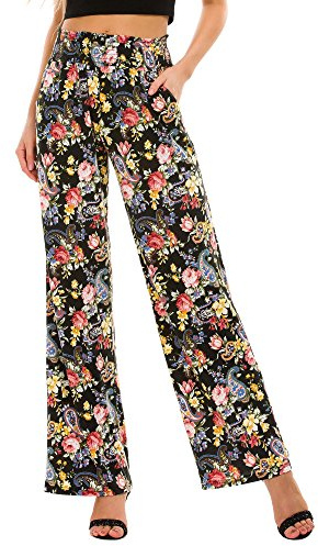 Damen Boho Gerade Beine Elastische Taille Palazzo Hose Freizeit Leichtes Yoga Loungehose mit Taschen