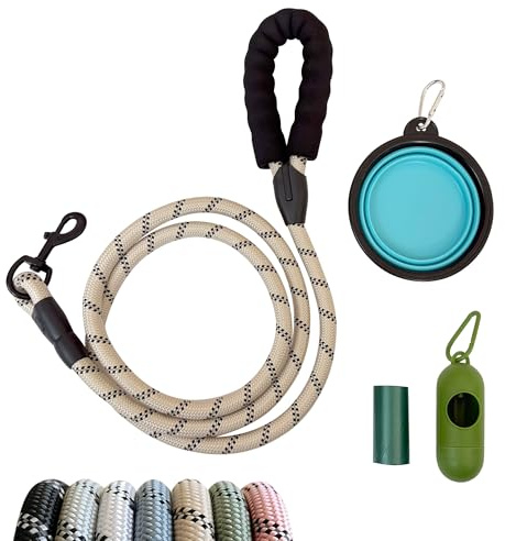 JWPET 4pcs Dog Training Lead Set – 1.8M Leashes with Soft Padded Handle, Heavy Duty Reflective Hook, Collapsible Travel Bowl & Leak-Proof Poop Bags & Dispenser Dogs (Beige)