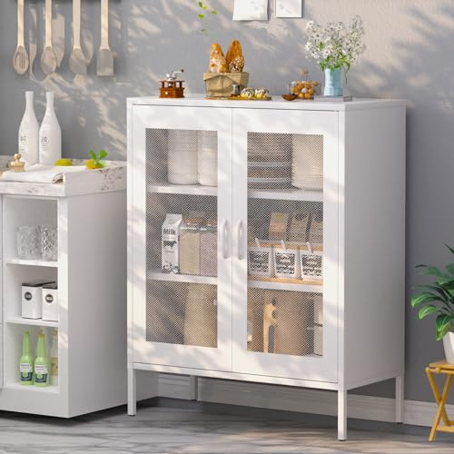 Metall Kommode 80 cm Breit, Aufbewahrungsschrank Sideboard mit 2 Mesh-Türen, Metallschrank in Weiß, Mehrzweckschrank mit flexiblen Einlegeböden, Aktenschrank & Büroschrank für zu Hause und Büro