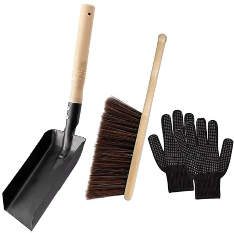 SOIMISS Herramientas para Limpieza de con Pala de Cepillo de Cerdas Duras y Guantes Resistentes al con Mango de Madera Natural Kit Multipropósito para Eliminar y Residuos de Estufas y