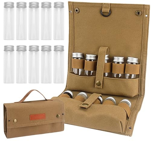 Hapivida Portable Seasoning Bag, Camping Seasoning Kit with 10 Jars Foldable Canvas Seasoning Storage Bag Organizer Condiment Container Set for Travel Outdoor Camping BBQ Picnic ﻿ (Khaki)