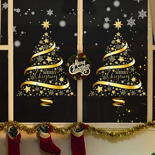 Janety Weihnachtsbaum groß Fensteraufkleber,Goldene Statische PVC Aufkleber,diy statische weinachtsdekorationen für Schlafzimmer, Schaufenster, Türaufkleber, Wandbild, Vitrine (2 Stück)