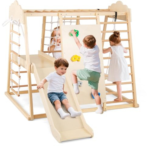 COSTWAY Gimnasio Infantil para Interior 8 en 1, Parque Infantil de Madera Montessori para Escalar con Barras de Mono, Tobogán Desmontable, Columpio, Escalera de Cuerda (Natural)