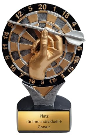eberin Coupe de fléchettes 13 cm en résine – Cible de fléchettes avec main et flèche sur socle – Prix sportif avec plaque gravée – Compact env. 200 g pour clubs de ligue et cérémonies de victoire