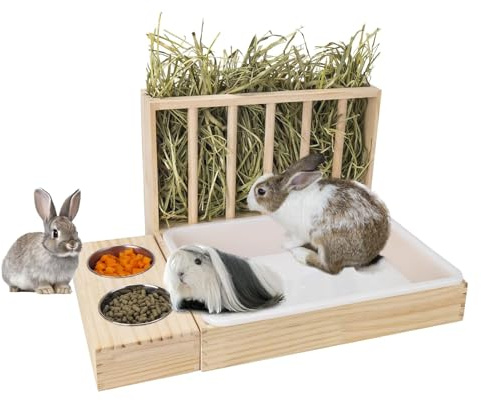 Goshyda 3-in-1-Heu-Futterstation für Kaninchen mit Katzentoilette, Heu-Futterstation aus Holz mit 2 Schüsseln, Gras-Futterregal, für Meerschweinchen-Chinchilla-Kleintiere