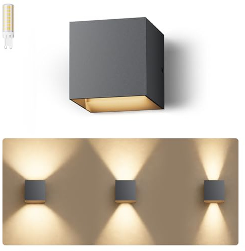 KYOTECH Wandleuchte mit G9 LED Lampe, IP65 Wandlampe 3000K 1er Grau | Außenwandleuchten mit 6W 820LM Austauschbarer G9 LED Lampe und Einstellbar Abstrahlwinkel für Wohnzimmer Garten