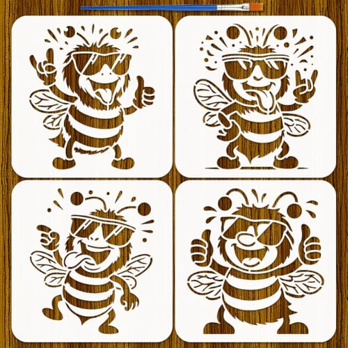 FINGERINSPIRE 4 Stück Lustige Bienen Malschablone Mit Pinsel 20x20cm Kunststoff Cartoon Stil Bienen Zeichenvorlage Schablone Mit Haustier Sonnenbrille Tiermotiv Vorlage Für DIY Wand Bodendekoration