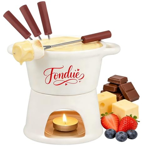 Yoassi Keramik Käsefondue Set, Mini Schokoladenfondue Tasse, Käsebecher mit 4 Gabeln, zum Schmelzen Käse Schokolade Butter, 300ml Porzellan Topf für Familienessen Nachtisch, Geburtstagsfeier, Weiß