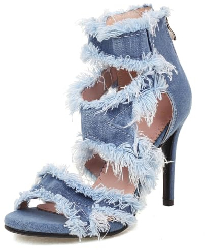 Genérico Sandalias Stiletto De Mezclilla Deshilachada Mujer Punta Abierta Multi Correas Botines Tobillo Cremallera Trasera Flecos Tacón Alto Fiesta