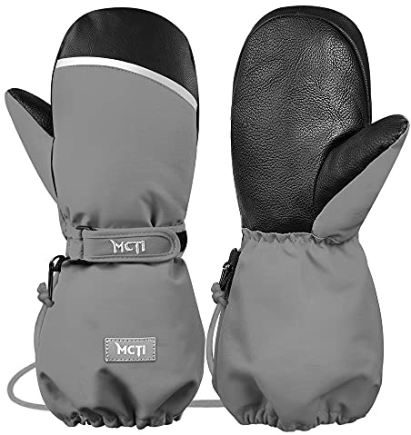 MCTi Skihandschuhe Kinder, Wasserdicht Winterhandschuhe Fäustlinge, Snowboard Handschuhe, Wärme für Jungen und Mädchen 1-15 Jahre Grau XXXS