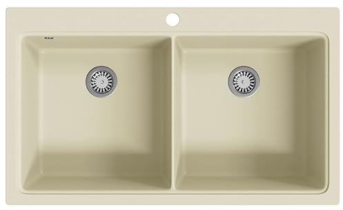 vidaXL Evier de Cuisine Double Lavabo Egouttoir Encastré Réversible avec Trou de Montage pour Robinet et Distributeur de Savon Intérieur Maison Granit Beige