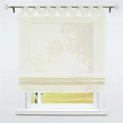 SCHOAL Raffrollo mit Schlaufen Halbtransparente Raffgardine Landhaus Schlaufenrollo Gardinen Leinen 1 Stück BxH 60x140cm Beige