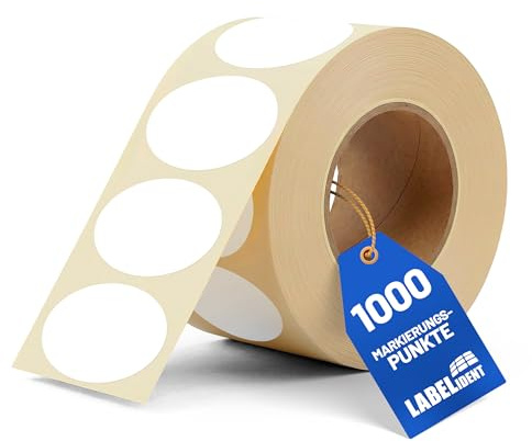 Labelident Markierungspunkte, Klebepunkte weiß - Ø 40 mm - 1.000 bunte Papieraufkleber auf 1 Rollen, Inventuretiketten selbstklebend