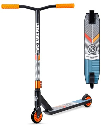 Two Bare Feet Stunt Scooter for Kids & Teens – Lightweight Pro Freestyle Scooter with 360° Spin Alloy Deck, ABEC-9 Bearings & High-Grip Wheels for Tricks & Jumps (Aztec Black/Orange)