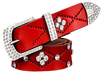 WRJAHCG Gürtel Strass,Damen Nietengürtel Im Vintage Design, Verschiedenen Nieten Und Strass, Synthetik Gürtel,Rot,105CM/41.3''