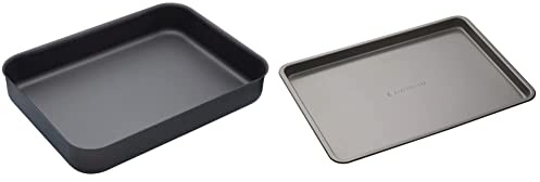 MasterClass Hard Anodised Roasting Tin, Non Stick Aluminium Roasting Tray, Teflon Coated, 37 x 26.5 cm, Black & Baking Tray, Non-Stick Oven Tray for Baking and Roasting 35x25x2cm, Sleeved