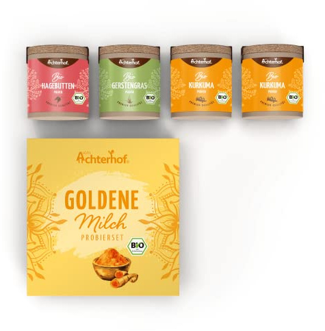 Goldene Milch Probierset Bio | 1x Hagebutten-Pulver Bio, 1x Gerstengras-Pulver Bio, 2x Kurkuma-Pulver Bio | Geschenkbox | Bio-Qualität | vom Achterhof
