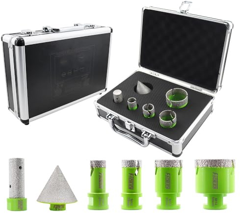 FACHLICH Fresa Diamantata 20/25/35/50mm 6 Pezzi Punte Trapano Diamantate con Alluminio Scatola e 20mm and 50mm Fresa e Adattatore per Porcellana Piastrella Granito Marmo Taglio a Secco