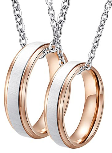 BCughia Partner Kette mit Ring, Pärchen Kette mit Ring Roségold Halskette Gravieren Ring aus Gebürstetem Roségold und Silber, 6 mm Necklace für Ehefrau