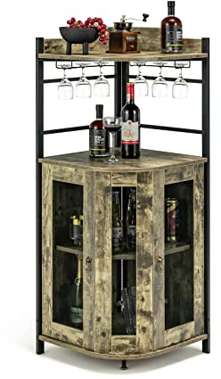 GOPLUS Armoire à Vin d'angle Style Industrielle avec Étagère Réglable et Porte en Maille, Meuble de Rangement avec Porte-Verre à Vin, Armoire de Rangement sur Pieds pour Bar, Cuisine, Salon