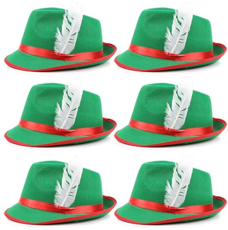 Adults Green Bavarian Hat - Pack of 6 Green and Red Oktoberfest Hat with Feather Detail - Adults German Oktoberfest Fancy Dress Costume Accessory