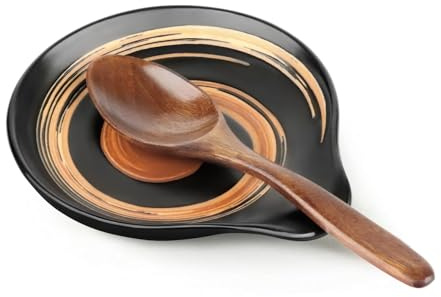 VanlonPro Ceramic Spoon Rest, 5 Inch Spoon Holder for Stove Top, Kitchen Counter, Utensils, Ladle, Coffee Spoons, Cooking spoons, Spatula, Housewarming Gifts, Black & Hand-painted Swirl