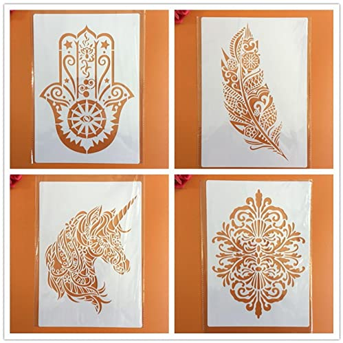 Wiederverwendbare Schablonen zum Malen auf Holz, 4 Stück, A4, 29 x 21 cm, Mandala-Feder, Einhorn, Zeichnung, Kunstvorlage für Scrapbooking, wiederverwendbare Schablonen, Wanddekoration