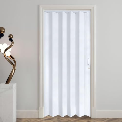 DIYHD 38X80in Accordion Door, White Double Layer PVC Folding Interior Door with Sliding Track Kit, Space-Saving Closet Door, No Floor Track, Dual-Sided Handle & Latch, Easy Install