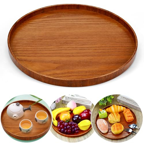 DTYGUIXE Bandeja de Madera para Servir Comida, Redonda de 30 cm, Decorativa de Centro de Mesa, Marrón para Desayuno, Florero, Vela y Perfume