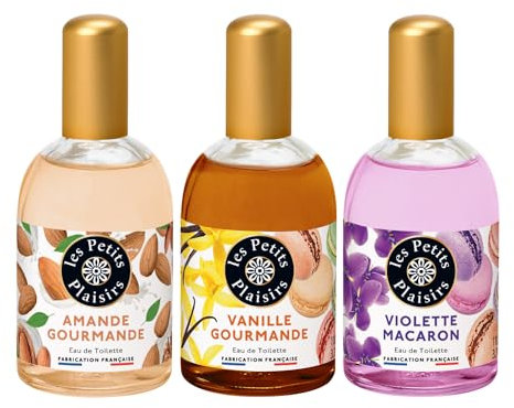 Les Petits Plaisirs - Lot de 3 - Eau de toilette Amande gourmande, Vanille gourmande & Violette macaron. Eau de toilette femme, Gourmandes & Sucrées. Made in France. 110ml