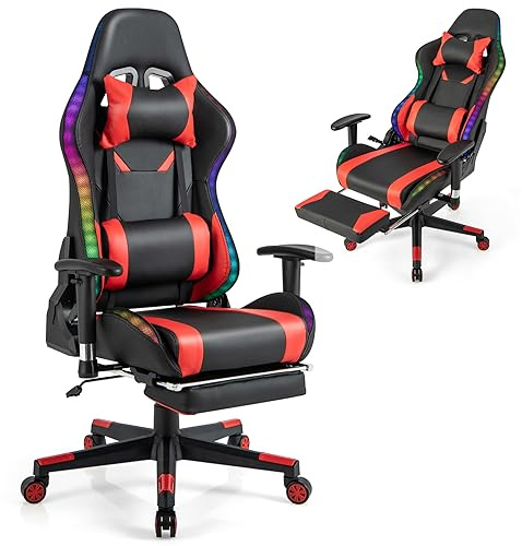 COSTWAY Gaming Stuhl mit RGB-LED-Leuchten und einziehbarer Fußstütze, ergonomischer Bürostuhl mit Verstellbarer Rückenlehne, Armlehne, Lordosenstütze, Drehstuhl, Computerstuhl bis 160 kg belastbar