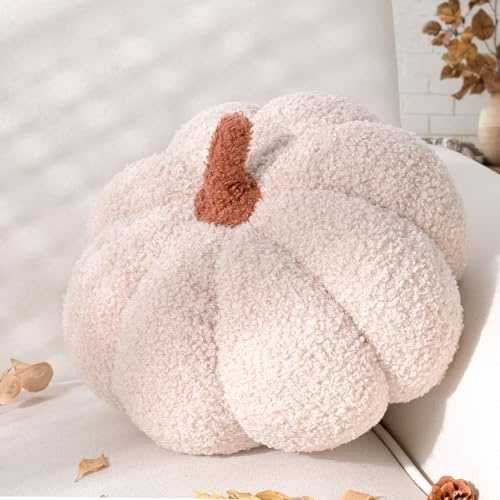 Yhoelata Coussin de citrouille d'Halloween en forme de citrouille - Blanc crème - Coussin décoratif esthétique - Pour canapé, lit, chambre à coucher - Cadeau rond - 20 cm