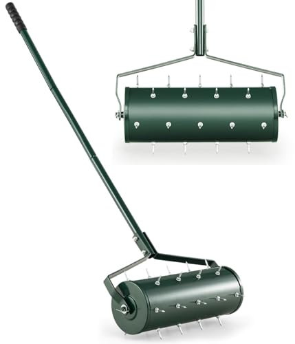 Rullo aeratore per prato con manico staccabile, strumento manuale per erba da 43 cm, per giardino, cortile, denti rotanti in acciaio resistente