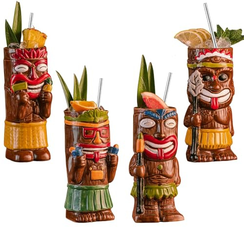 Vinbcorw Cocktail Tiki Becher Set, 4 Stück exotischer, mattierter Becher mit 4 Trinkhalmen, Tiki-Party, kreatives Cocktailglas, Getränke, Bar-Getränkegeschirr, exotisches, süßes Bargeschirr,A6