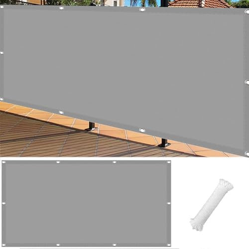 Balkon Sichtschutz Wasserdicht 120 x 340 cm Premium Polyester Balkonumspannungen Balkonabdeckung mit Ösen Kabelbinder Und Kordel Zaunblende für Garten Balkon Terrasse, Hellgrau