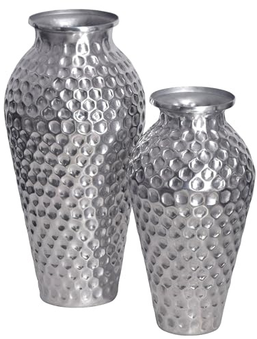 FineBuy Vase 2er Set Aluminium Silber Amphore, Blumenvase | Dekovasen rund, Tischvasen handgefertigt, Wohndeko für Wohnzimmer, Sideboard und Esstisch, Tischdeko