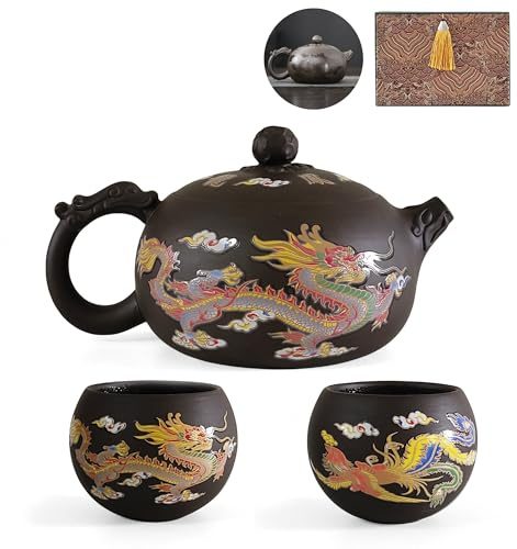 NIUKOMY Yixing Zisha tekanna set 450 ml, kinesiska färgskiftande tekannor lera med presentförpackning, stor Kung Fu lila lerkanna med 2 tekoppar handgjord, drake och fenix