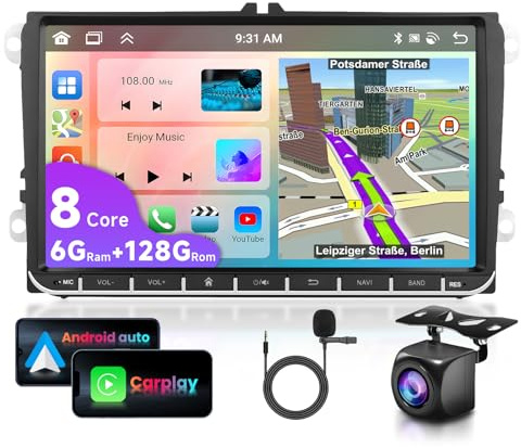 6G+128G 8-Core VECHTEL 9 Autoradio Bluetooth Für VW Golf 5 6 Polo Passat Skoda Touran Tiguan Seat Carplay Android Auto,WiFi GPS Navi RDS/FM DSP,Android 15 Radio 2 din mit AHD Rückfahrkamera