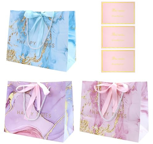 3 Stück Geschenktaschen, 25 x 20 x 12 cm Marmor Geschenktasche, Schleife Handtasche Geschenktasche, mit 3 Stück Grußkarten, für Geburtstag, Party, Hochzeit, Weihnachten, Thanksgiving