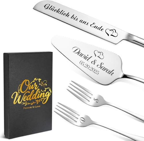 Tortenheber Hochzeit personalisiert aus Edelstahl – Hochzeitsgeschenk personalisiert für Brautpaar, personalisierte Hochzeitsgeschenke mit Gravur, Tortenmesser Hochzeit, Tortenheber Set (Silber)