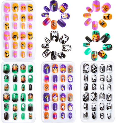 96 Stück Halloween Nägel für Kinder, Schwarz Falsche Nägel mit Nagelkleber - Pre Glue Full Cover Kurze Kindernägel Künstliche Nagelspitzen - Press On Nails für Mädchen (Black Purple Green)